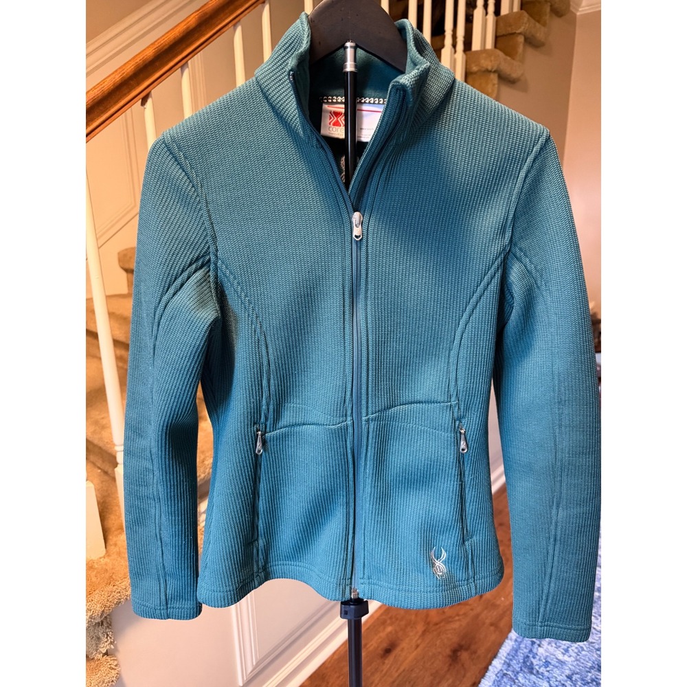 Spyder Core Sweater Womens Small Hunter Green Full Zip Waffle Knit Fleece Jacket